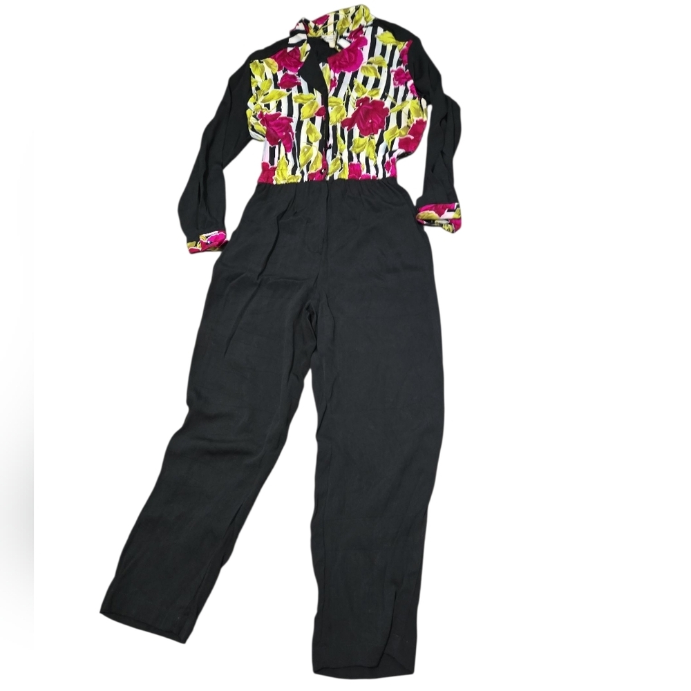 Vintage Saint Germain Paris Black Multicolor Stripes Floral Print  Jumpsuit SZ 8